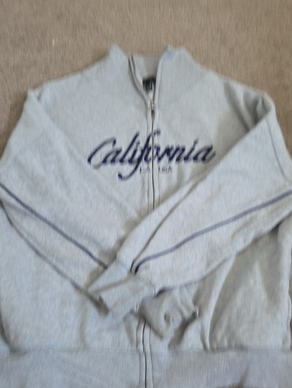 Forever 21 Light Gray Full-Zip Sweater with Navy Script